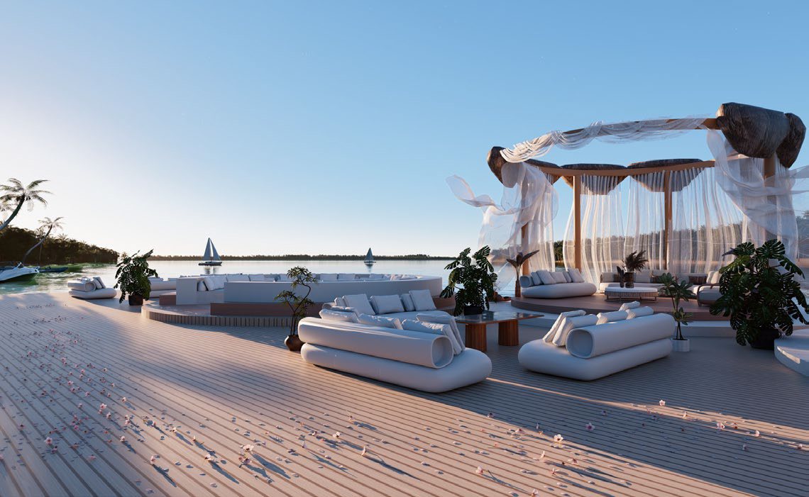 Daybeds under thatched parasols